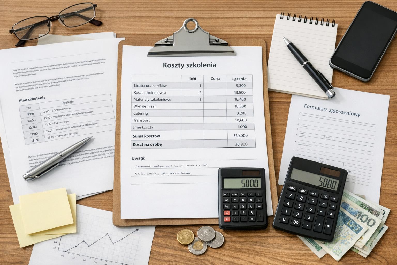 zdjęcie dokumentów i kalkulacji kosztów szkolenia