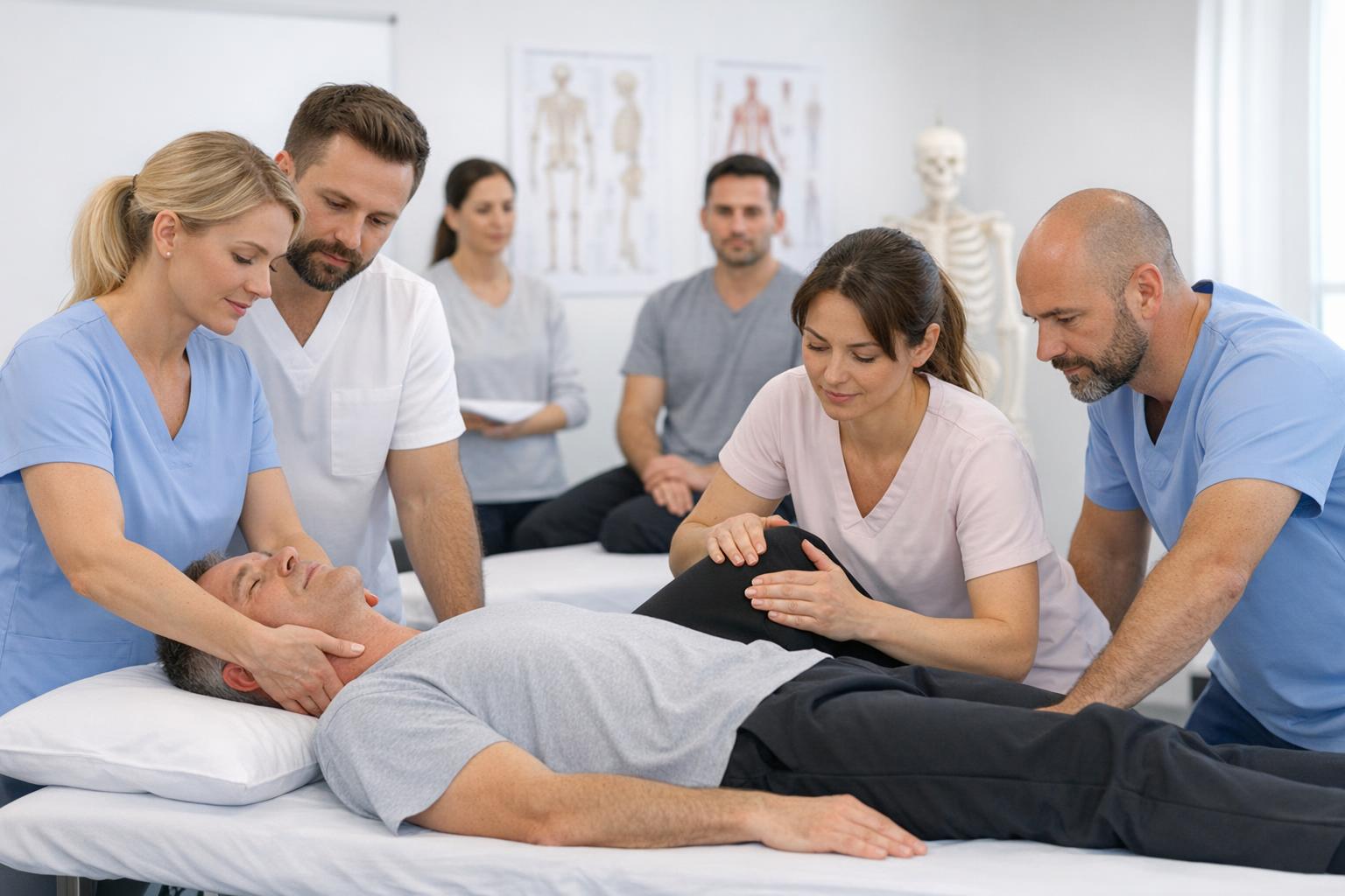 opis zdjęcia: uczestnicy kursu praktycznego ćwiczą techniki terapii przy pacjencie