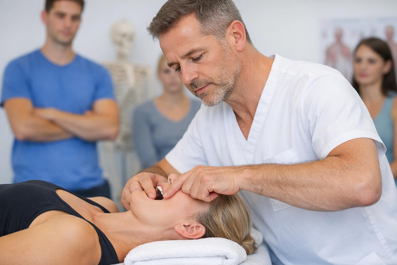 Instruktor demonstruje technikę pracy z okolica stawu skroniowo-żuchwowego