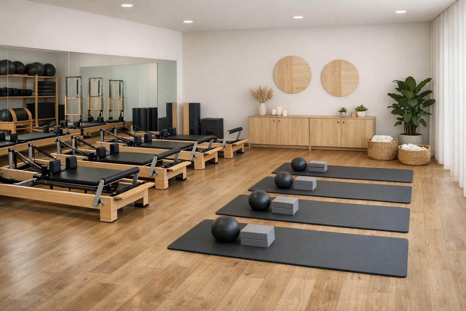 zdjęcie sali pilates z reformerami i matami