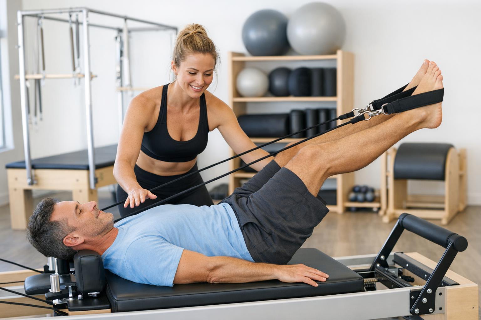 zdjęcie instruktorki pokazującej ćwiczenie pilates klientowi